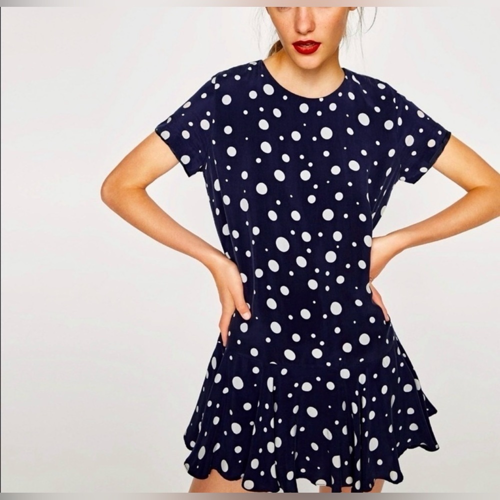 Zara Navy and White Polka Dot Mini Dress